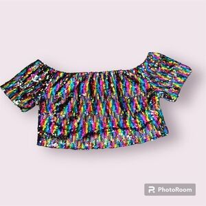 SAY WHAT? Off Shoulder Sequin Sparkle Crop Top